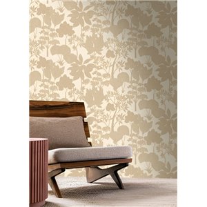 Papier peint botanique feuilles et fleurs beige sur blanc... 2