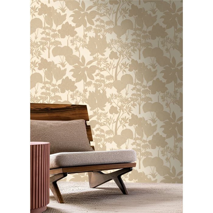 Wallpaper Botanical Leaves and Flowers Beige on Cream White · Casamance Tressora 76900406