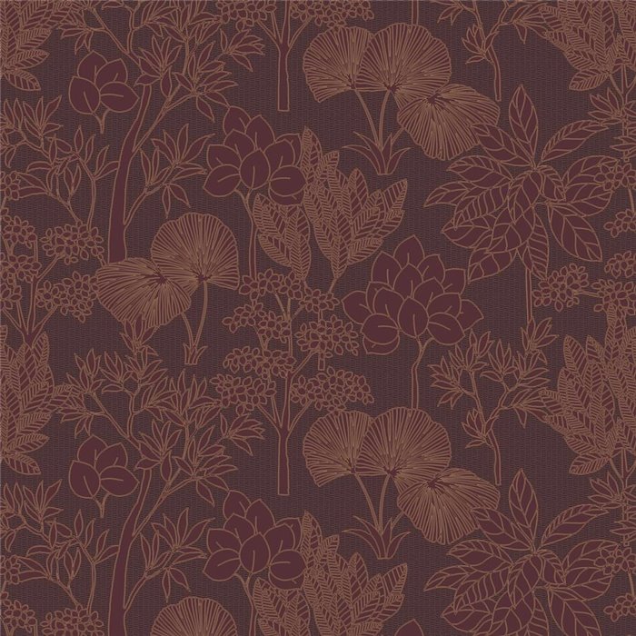 Papel pintado botánico con hojas y flores en burdeos y dorado · Casamance Tressora 76900712