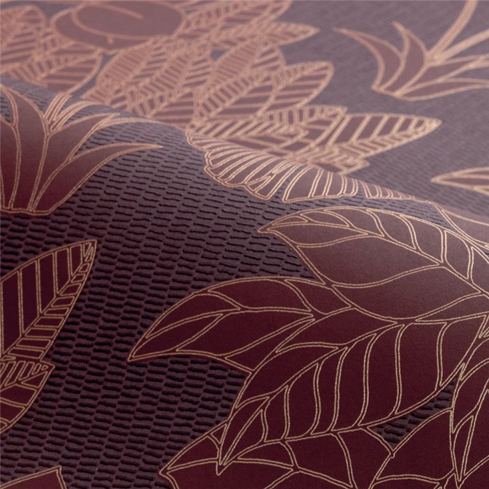 Wallpaper Botanical Leaves and Flowers in Burgundy and Gold · Casamance Tressora 76900712