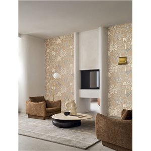 Papier peint botanique de plantes et fleurs beige et blanc 2