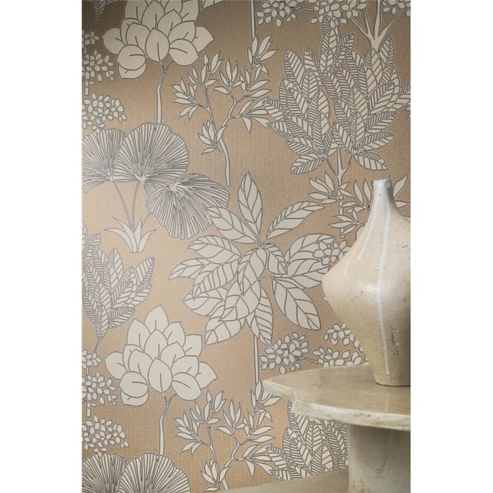Papel pintado botánico de plantas y flores beige y blanco · Casamance Tressora 76902650