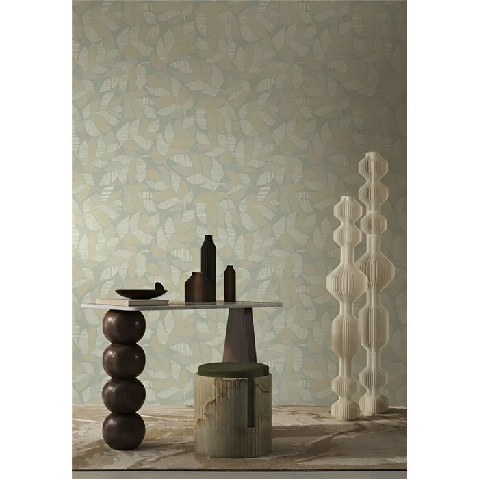Papier peint feuilles vert grisé et beige · Casamance Tressora 76911120