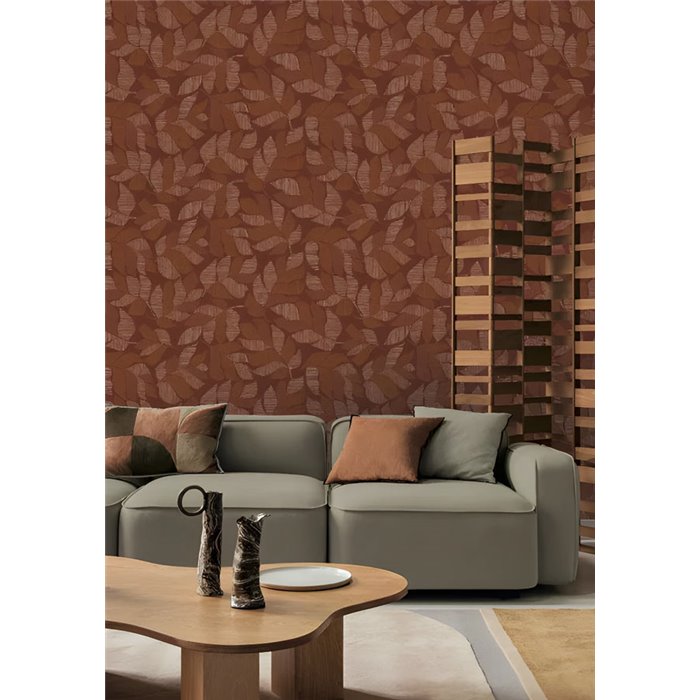 Papel pintado de hojas en terracota y naranja · Casamance Tressora 76911222