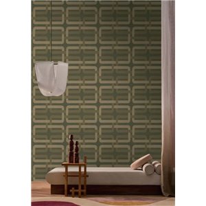 Papel pintado geométrico entrelazado verde caqui y beige 2