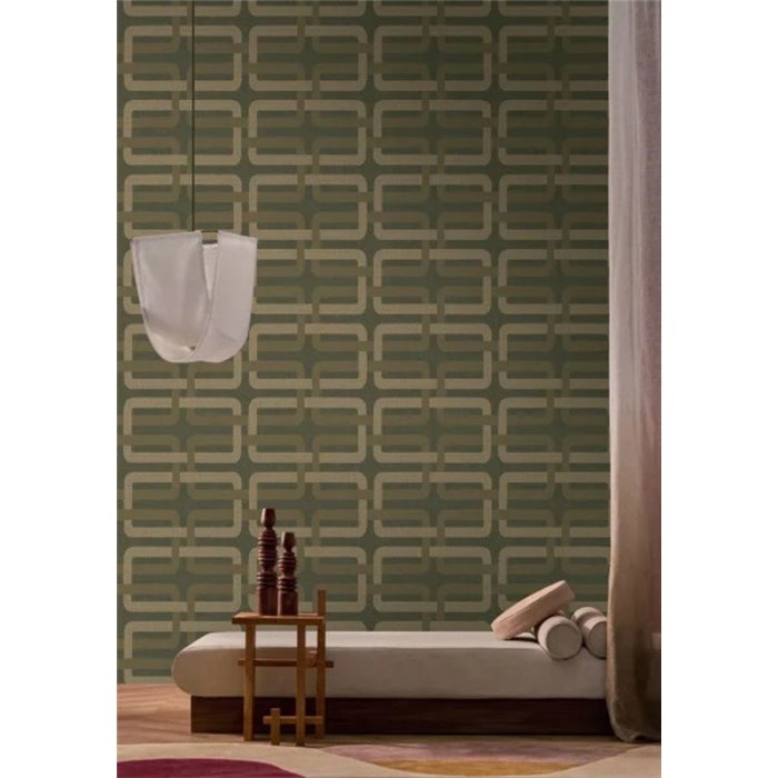 Wallpaper Geometric Interlocking Khaki Green and Beige · Casamance Tressora 76932956