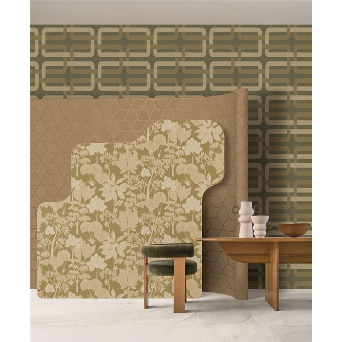Wallpaper Geometric Interlocking Khaki Green and Beige · Casamance Tressora 76932956
