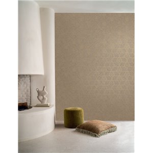 Papel pintado efecto textil geométrico beige y dorado 2
