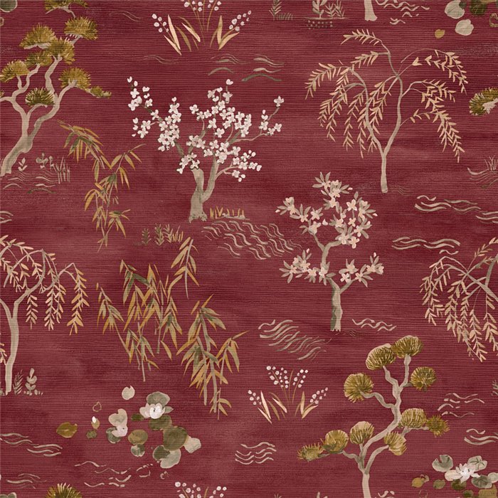 Papel pintado japonés floral burdeos · Casamance Legendes 70000304