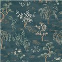 Papel pintado japonés con árboles en azul petróleo · Casamance Legendes 70000406