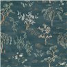 Japanese Wallpaper with Trees in Petrol Blue · Casamance Legendes 70000406