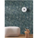 Papel pintado japonés con árboles en azul petróleo · Casamance Legendes 70000406