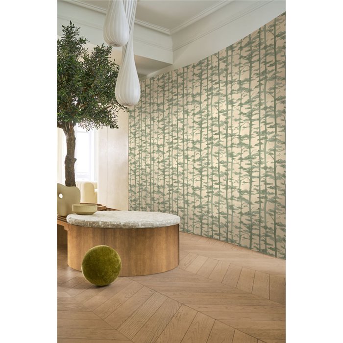 Japanese tree wallpaper in beige and eucalyptus green · Casamance Legendes 70040610