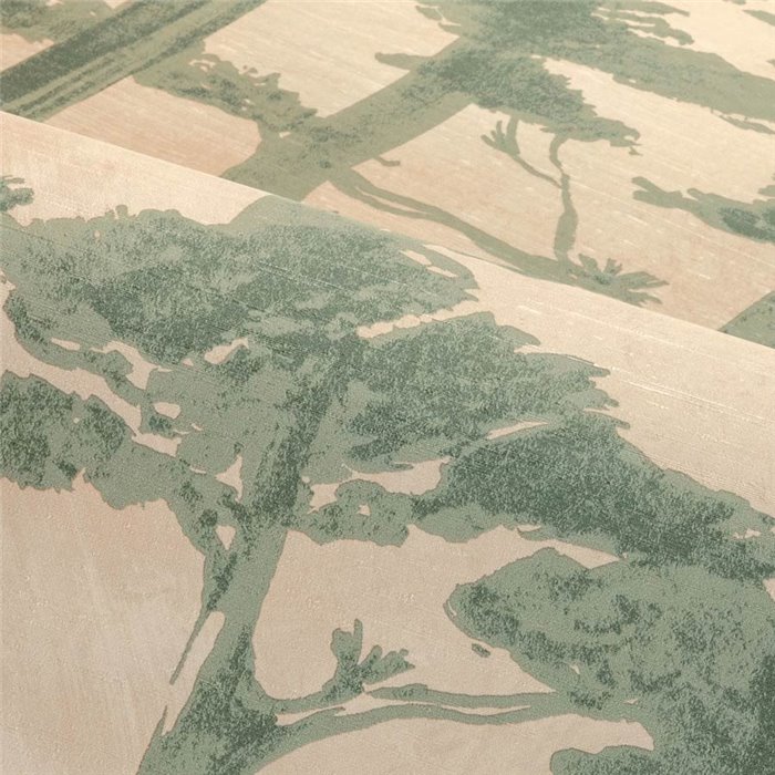 Papel pintado japonés de árboles en beige y verde eucalipto · Casamance Legendes 70040610