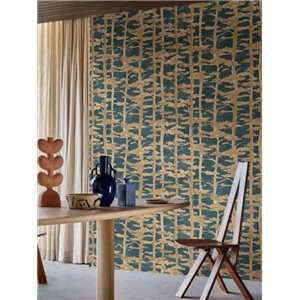 Papel pintado japonés de árboles dorado y azul petróleo 2