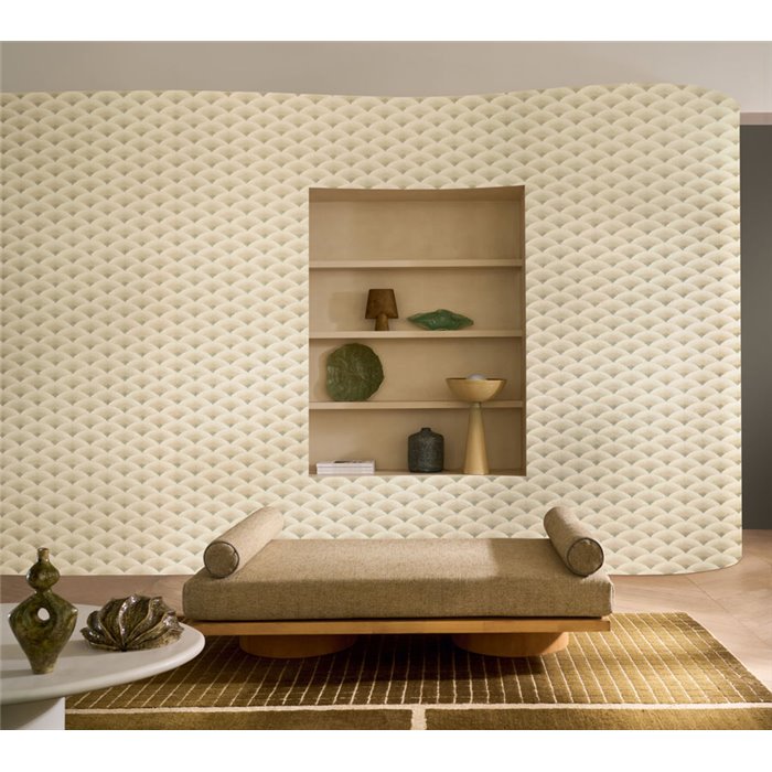 Japanese wave pattern wallpaper in beige and light green · Casamance Legendes 70091018