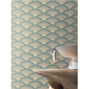 Papel pintado de ondas verde azulado y beige 2