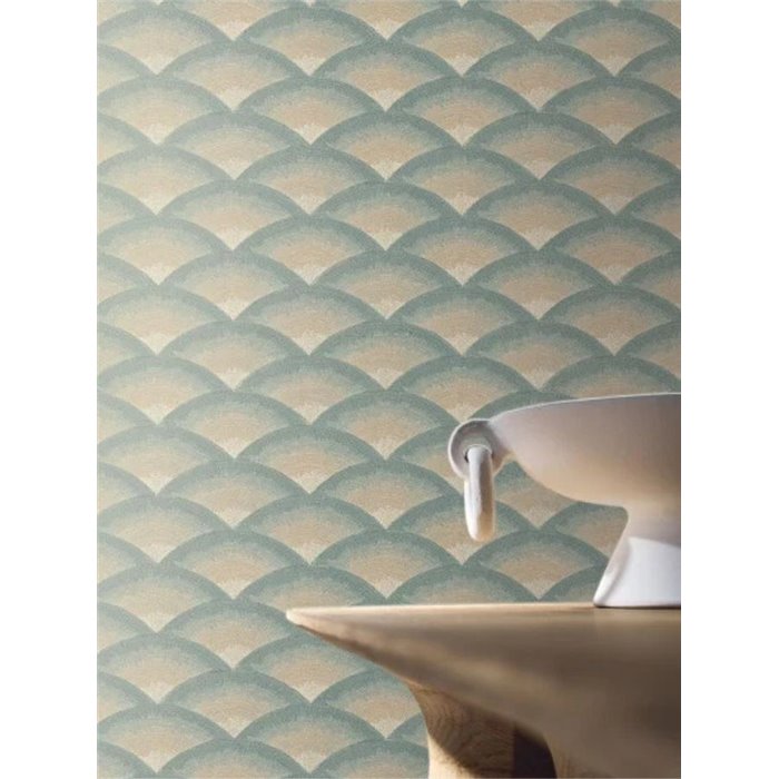 Wallpaper with Waves Pattern in Teal and Beige · Casamance Legendes 70091120