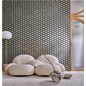 Papel pintado geométrico de ondas negro y dorado 2