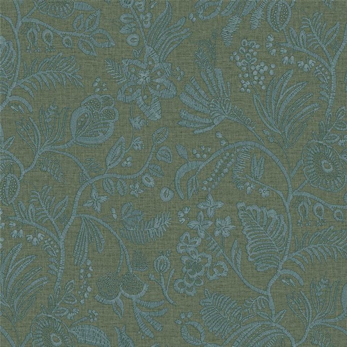 Grüne Blumen-Tapete mit Textilstruktur · Casamance Broderies 76961018