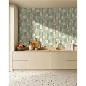 Papel pintado geométrico en verdes y beige 2