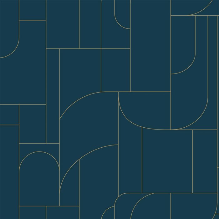 Papel pintado geométrico azul con acentos dorados · Caselio Maison Simeon 107390652