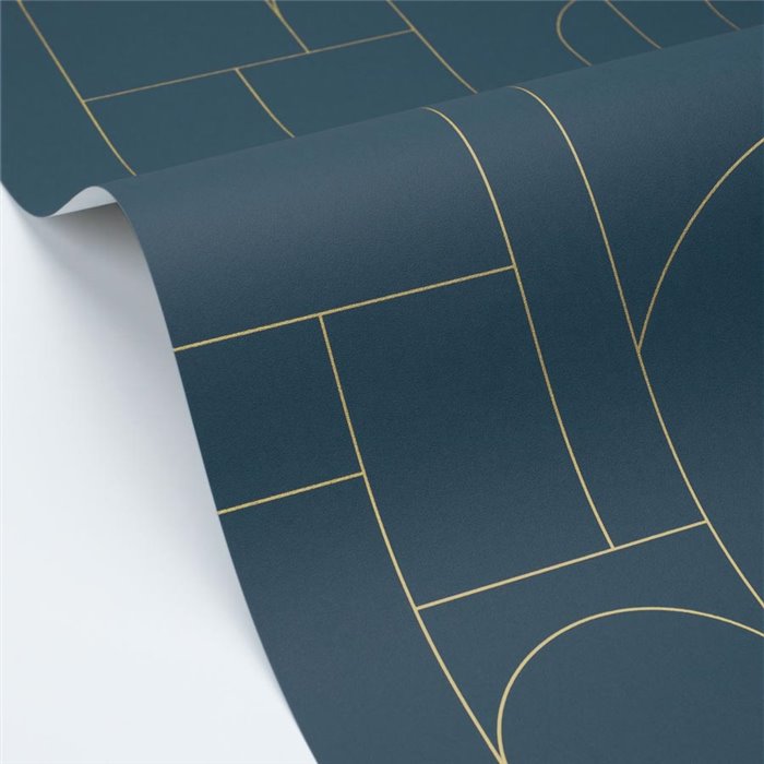 Papel pintado geométrico azul con acentos dorados · Caselio Maison Simeon 107390652
