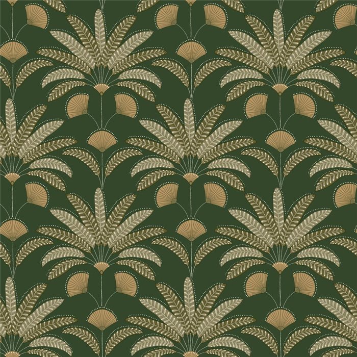 Papel pintado de hojas y abanicos Art Déco en verde oscuro · Caselio Maison Simeon 107400451