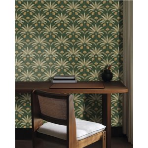 Papel pintado de hojas y abanicos Art Déco en verde oscuro 2