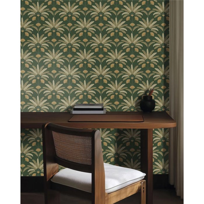 Papier peint Art Déco aux feuilles et éventails vert foncé · Caselio Maison Simeon 107400451