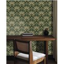 Papel pintado de hojas y abanicos Art Déco en verde oscuro · Caselio Maison Simeon 107400451