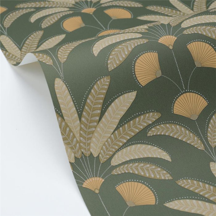 Papel pintado de hojas y abanicos Art Déco en verde oscuro · Caselio Maison Simeon 107400451