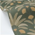 Papel pintado de hojas y abanicos Art Déco en verde oscuro · Caselio Maison Simeon 107400451