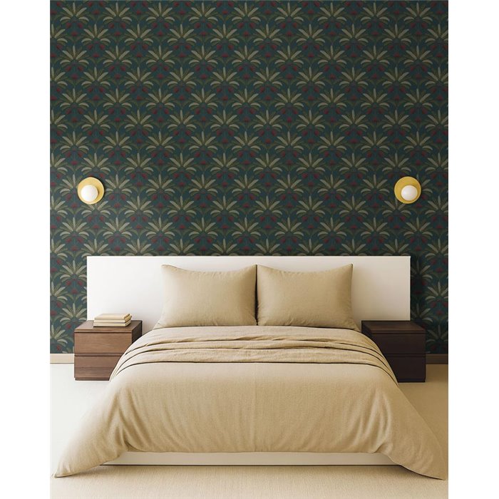 Papier peint feuilles stylisées et motifs d'éventail · Caselio Maison Simeon 107400614