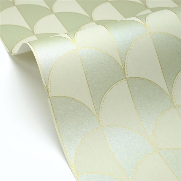 Papel pintado geométrico Art Déco verde y dorado · Caselio Maison Simeon 107414018