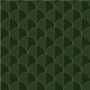 Papel pintado Art Déco con arcos dorados sobre verde