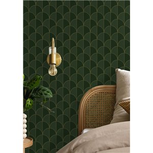 Papel pintado Art Déco con arcos dorados sobre verde 2
