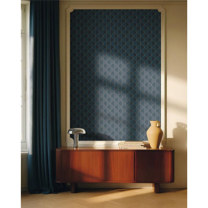 Papel pintado geométrico elegante en azul y dorado · Caselio Maison Simeon 107416131