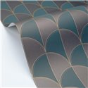 Papel pintado geométrico elegante en azul y dorado · Caselio Maison Simeon 107416131