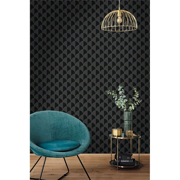 Papel pintado geométrico con líneas doradas · Caselio Maison Simeon 107419043