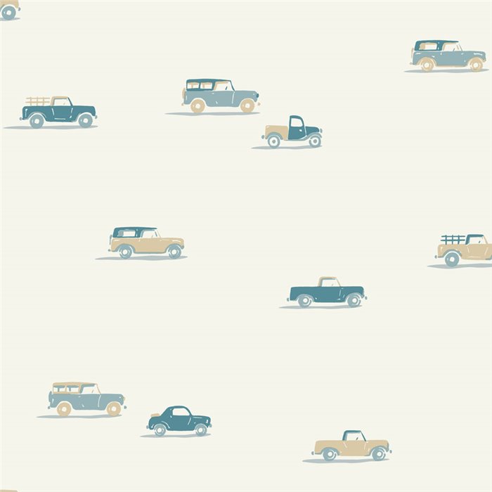 Papel pintado infantil coches en azul y beige · Caselio Happy Kids Club 107570618