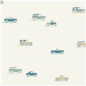 Papel pintado infantil coches en azul y beige · Caselio Happy Kids Club 107570618