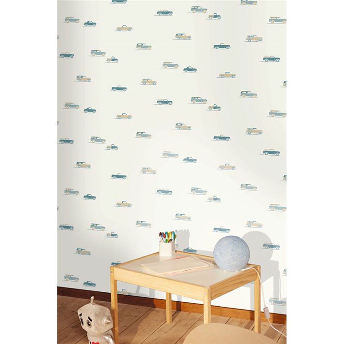 Kindertapete mit blauen und beigen Autos · Caselio Happy Kids Club 107570618