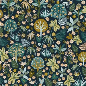 Papel pintado tropical con elementos florales y vegetales