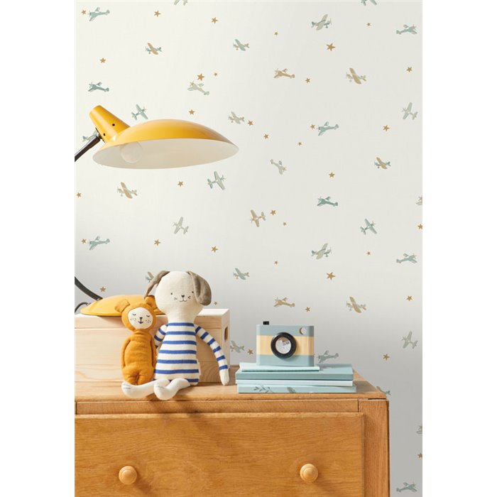 Papel pintado infantil aviones y estrellas colores pastel · Caselio Happy Kids Club 107620621