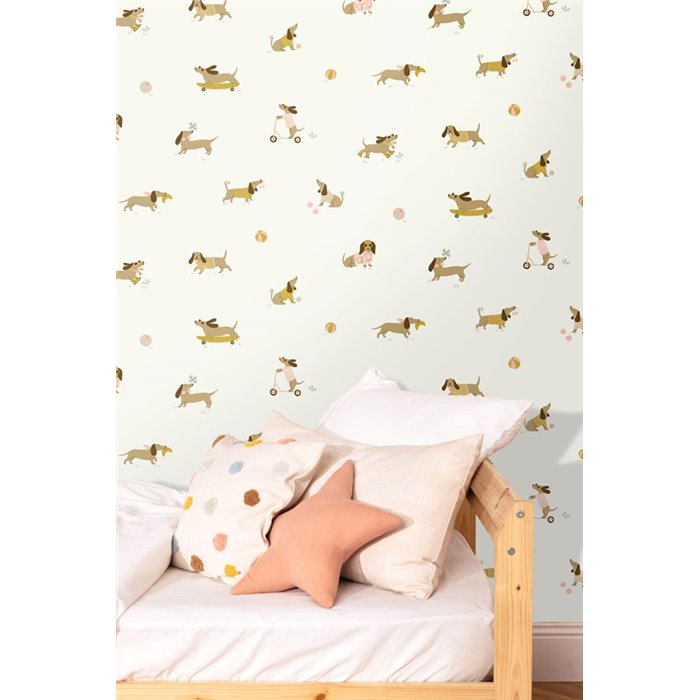 Papel pintado infantil perros salchichas jugando · Caselio Happy Kids Club 107680451