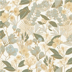Papel pintado floral moderno con tonos azules y beige
