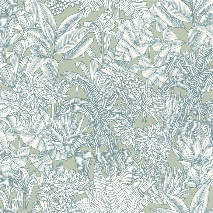Papel pintado tropical de hojas verdes suaves · Caselio Blue Shades 107486070