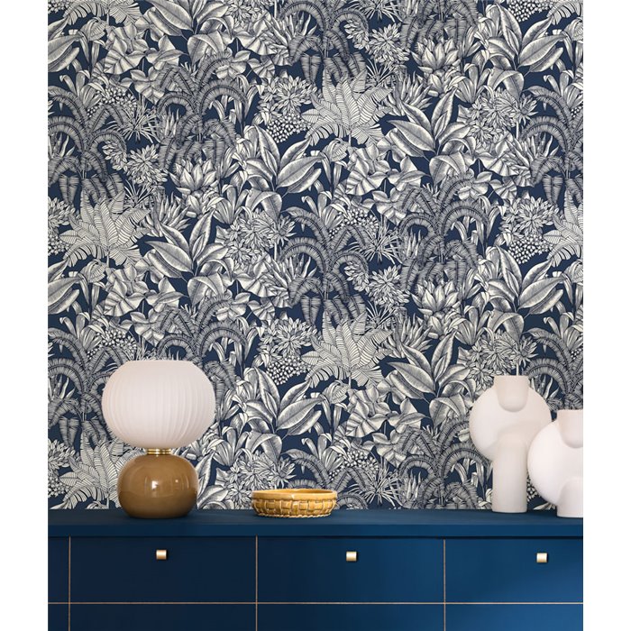 Papier peint feuilles tropicales bleu foncé · Caselio Blue Shades 107486160