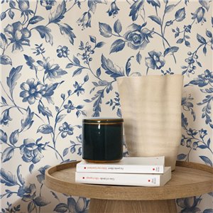 Floral Toile de Jouy blue and beige wallpaper 2